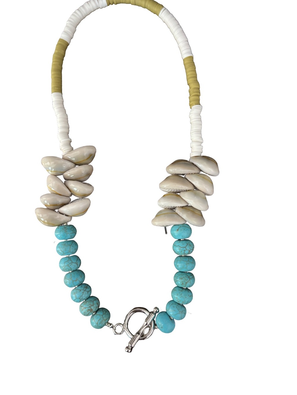 Turquoise, African Cowrie Shell Beaded Necklace with Silver Toggle Clasp